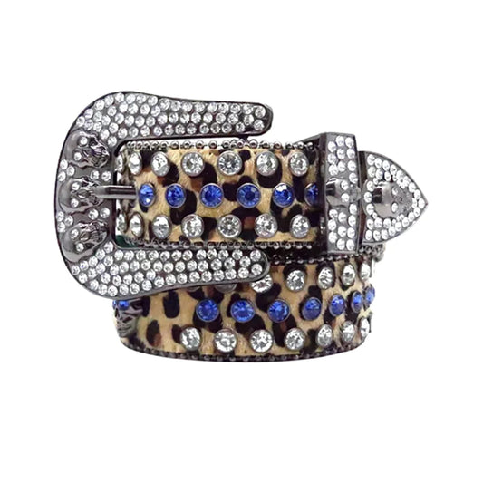 Skull Buckle Leopard Strap Blue & Crystal Rhinestone Studded Belt