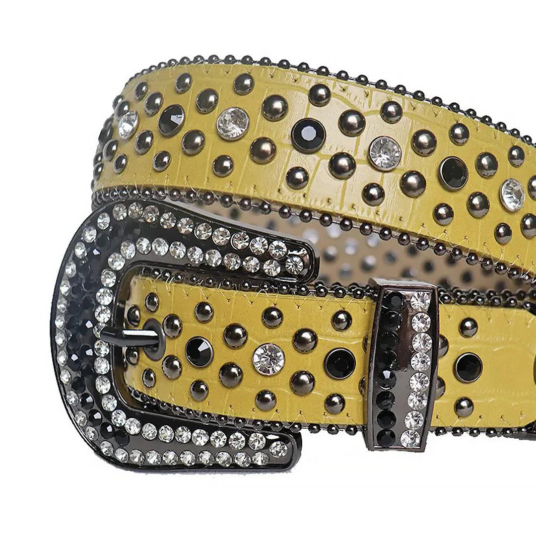 Diamond & Black Studded Rhinestone Belt with Yellow Strap