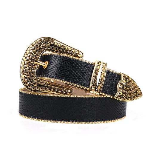 Black Strap Gold Stud Rhinestone Belt
