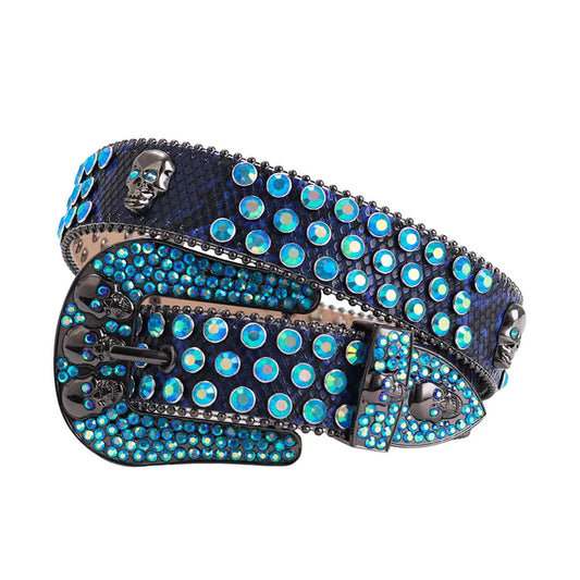 Blue Skull Buckle Rhinestone Studded Belt