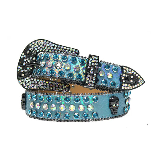 Shiny Skull Blue Strap Blue & Multicolor Rhinestone Belt