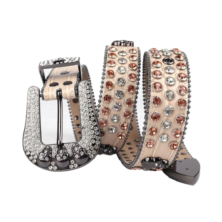 Skull Beige Strap Gold & Silver Rhinestone Belt