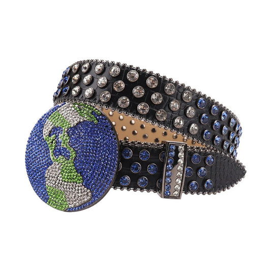 Globe Buckle Blue & Crystal Rhinestone Studded Belt