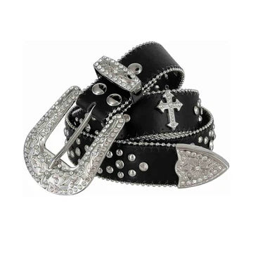 Engraved Cross Buckle Black Strap Rhinestone Studded Belt