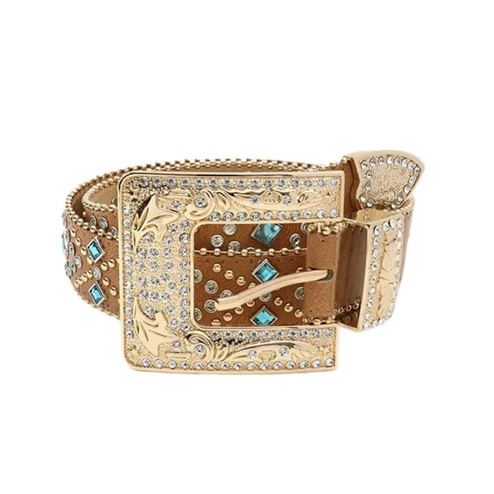 Camel Rhinestone Studded Western Belt