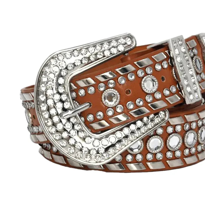 Brown Western Crystal Rhinestone Belt with Silver Studs