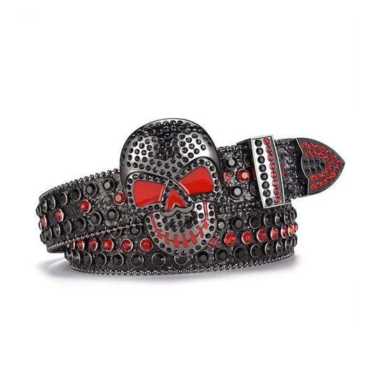 Skull Buckle Black & Red Studded Rhinestone Belt