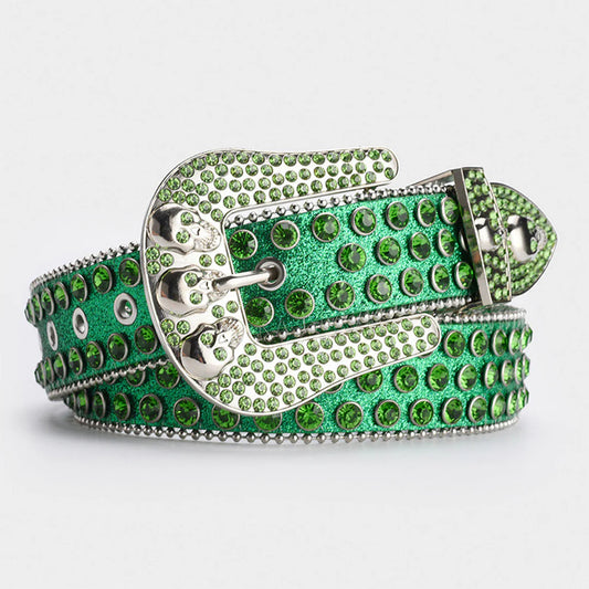 Skull Buckle Green Shiny Strap Rhinestone Studded Belt