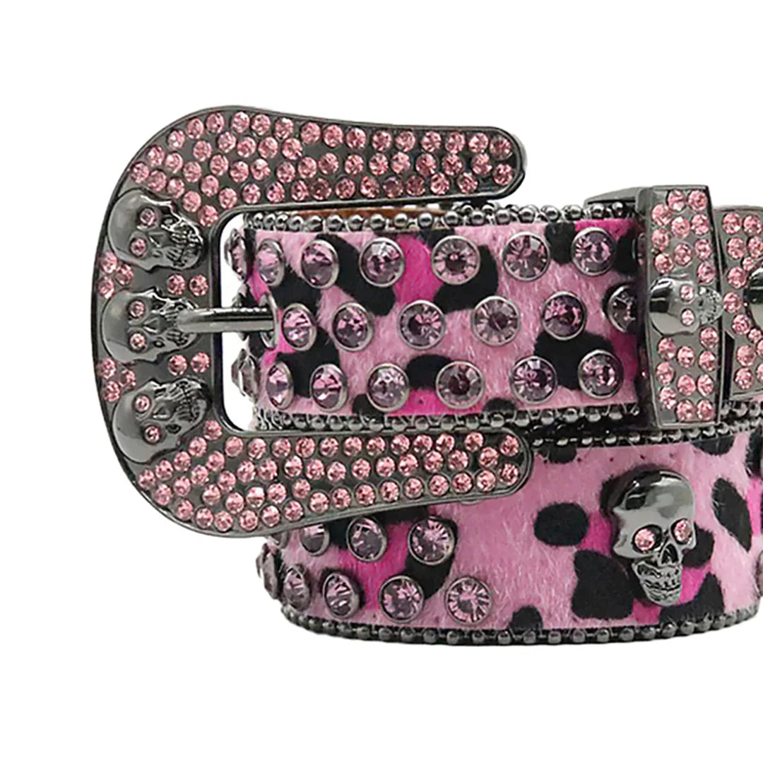 Skull Buckle Pattern Pink Studded Rhinestone Belt