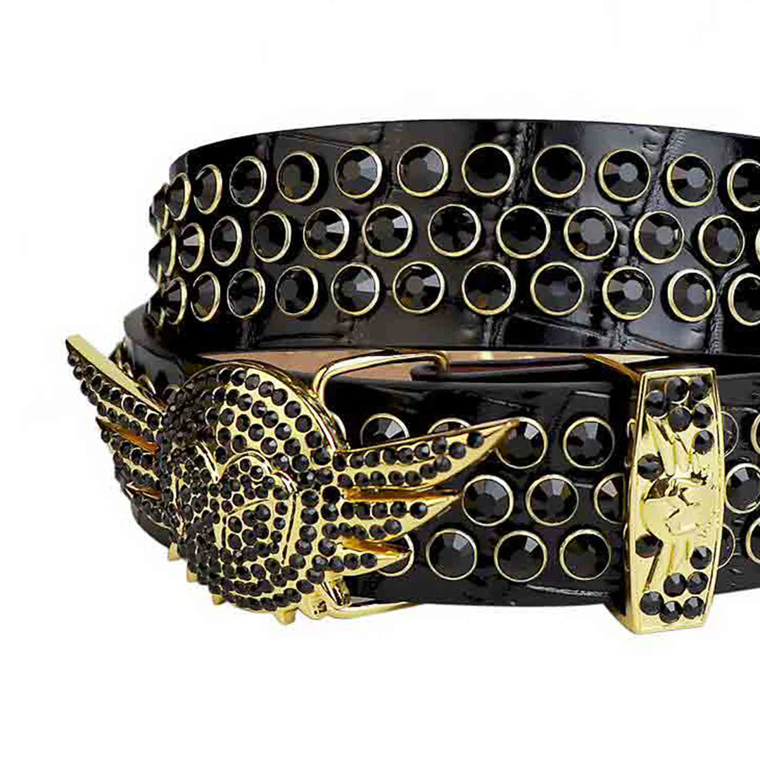 Angel Wings Buckle Black Strap Rhinestone Studded Belt