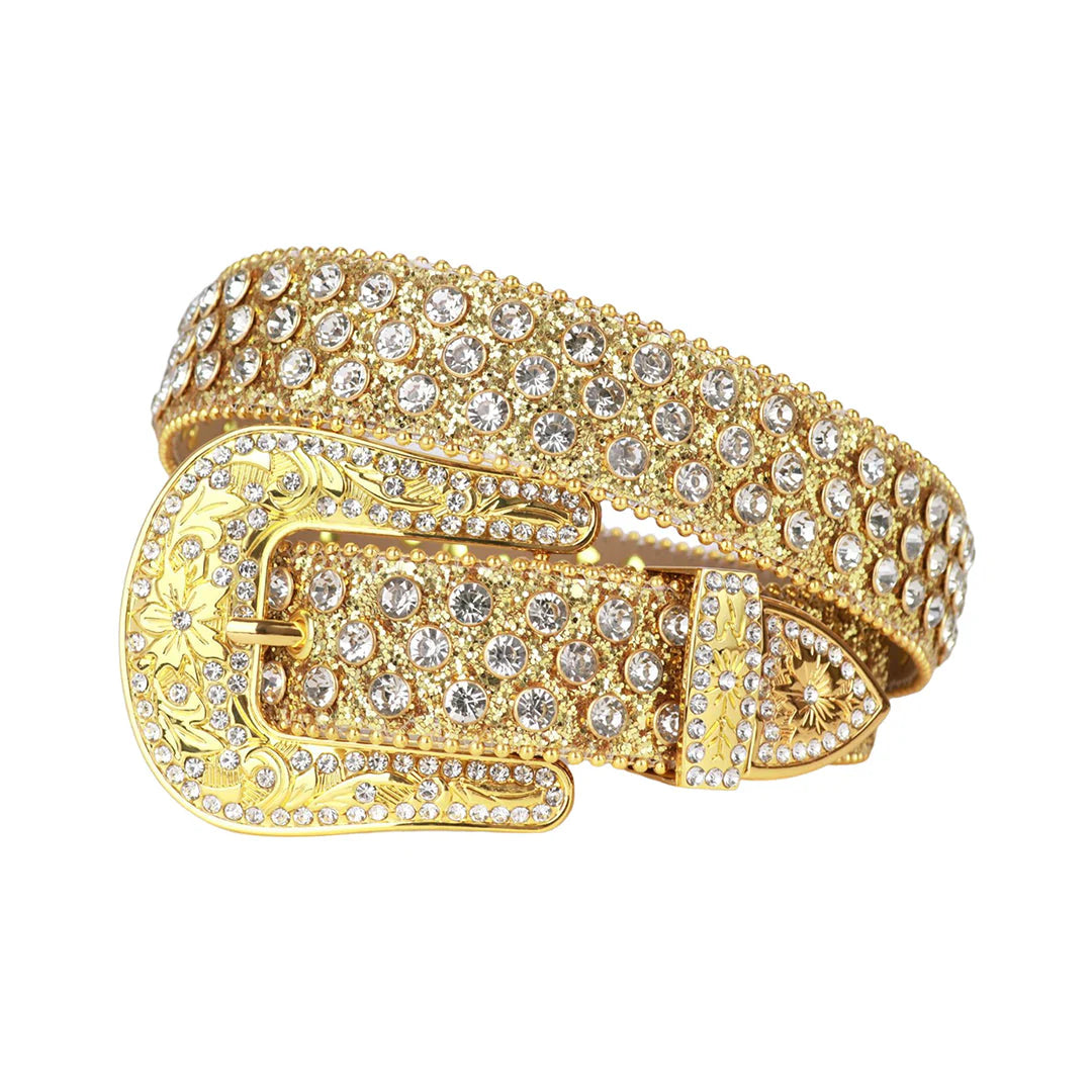 Engraved Buckle Shiny Gold Rhinestone Studded Belt