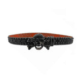 Metal Skull Buckle Black Strap Rhinestone Studded Belt