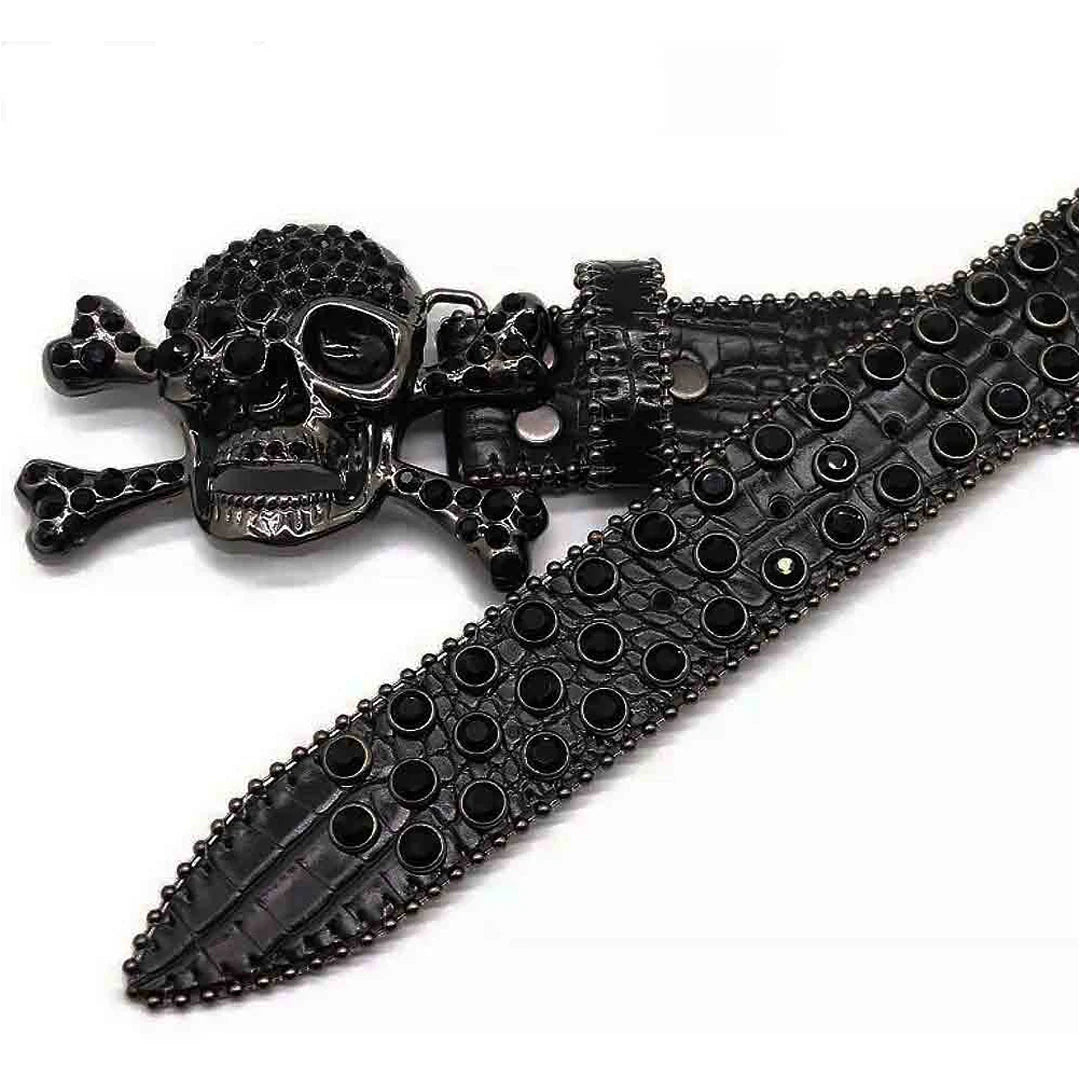 Metal Skull Buckle Black Strap Rhinestone Studded Belt