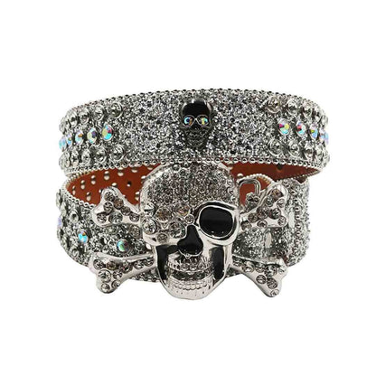 Metal Skull Buckle Silver & Multi Rhinestone Studded Belt