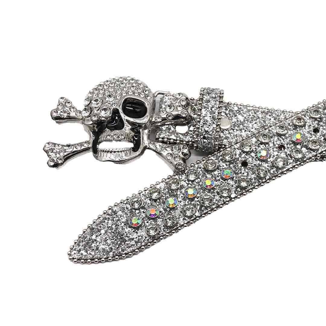 Metal Skull Buckle Silver & Multi Rhinestone Studded Belt