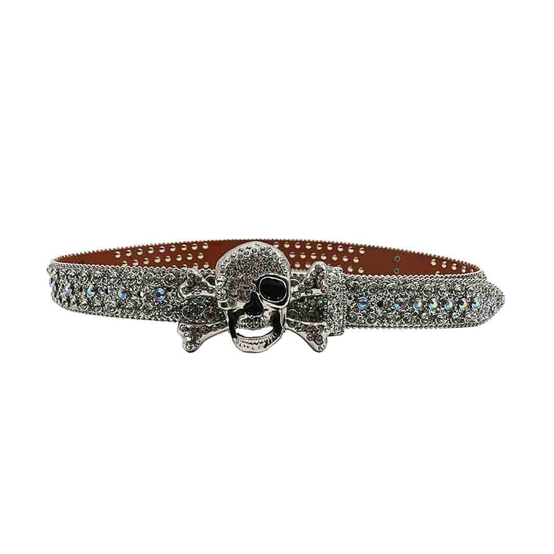 Metal Skull Buckle Silver & Multi Rhinestone Studded Belt