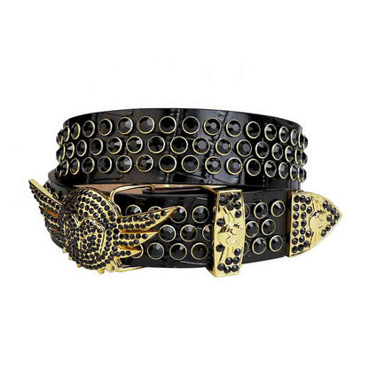 Angel Wings Buckle Black Strap Rhinestone Studded Belt