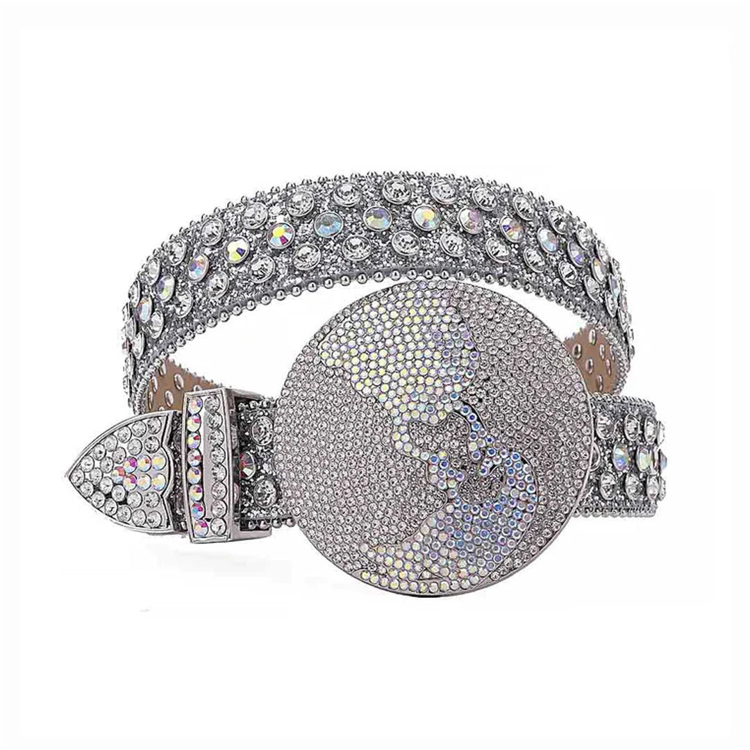 Globe Buckle Silver & Crystal Rhinestone Studded Belt