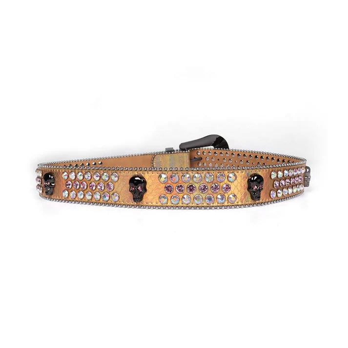 Gold Skull Buckle Pink & Multicolor Rhinestone Belt