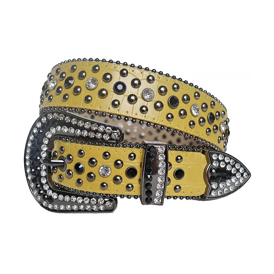 Diamond & Black Studded Rhinestone Belt with Yellow Strap