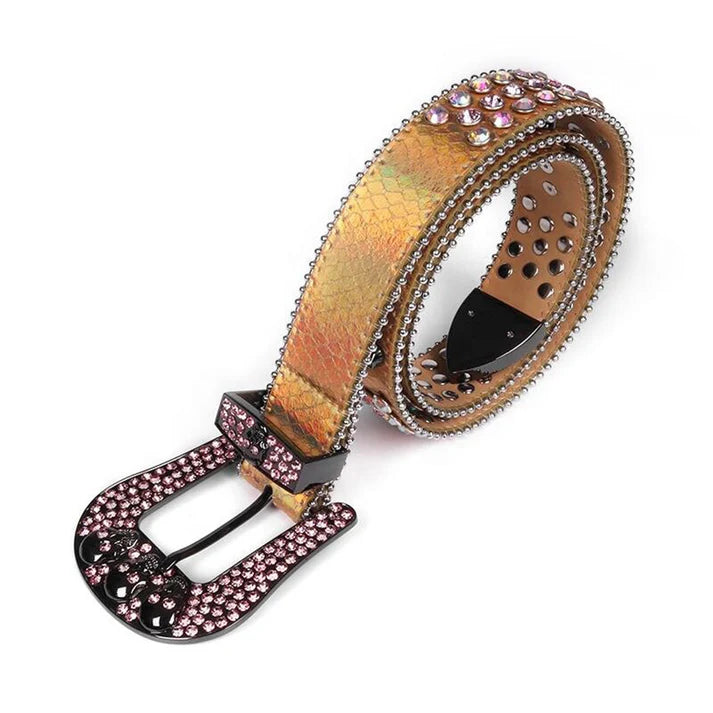 Gold Skull Buckle Pink & Multicolor Rhinestone Belt