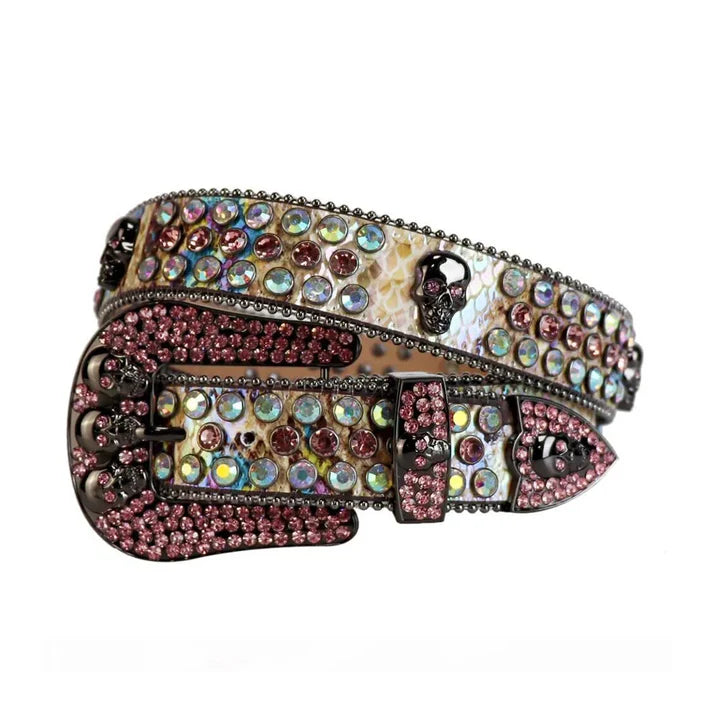 Skull Multi-Strap Pink & Multicolor Rhinestone Belt