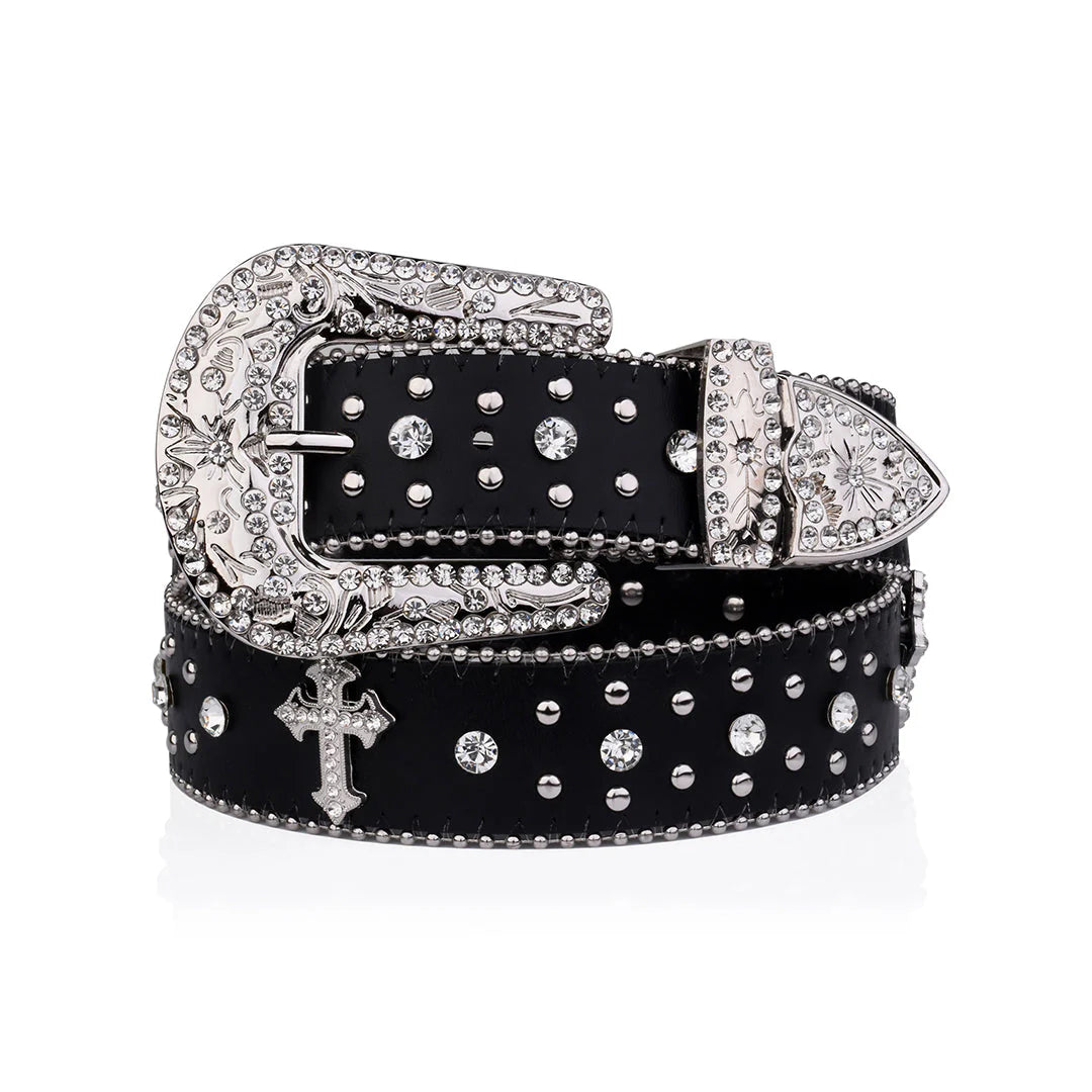 Engraved Cross Buckle Black Strap Rhinestone Studded Belt