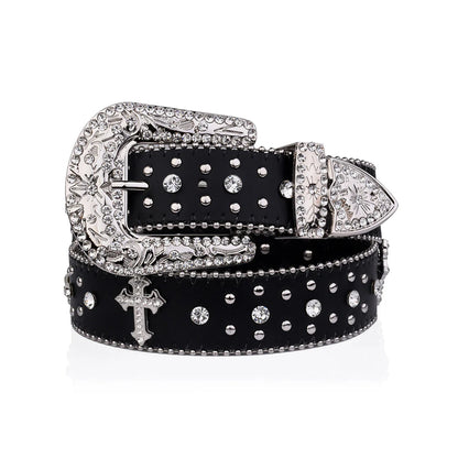 Engraved Cross Buckle Black Strap Rhinestone Studded Belt