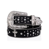 Engraved Cross Buckle Black Strap Rhinestone Studded Belt