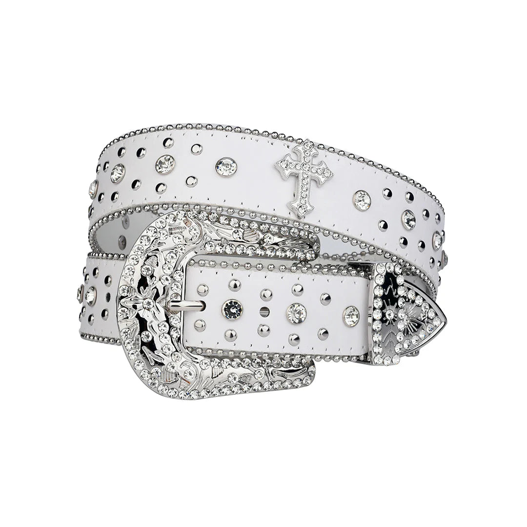 Engraved Cross Buckle White Strap Rhinestone Studded Belt