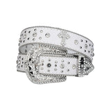 Engraved Cross Buckle White Strap Rhinestone Studded Belt