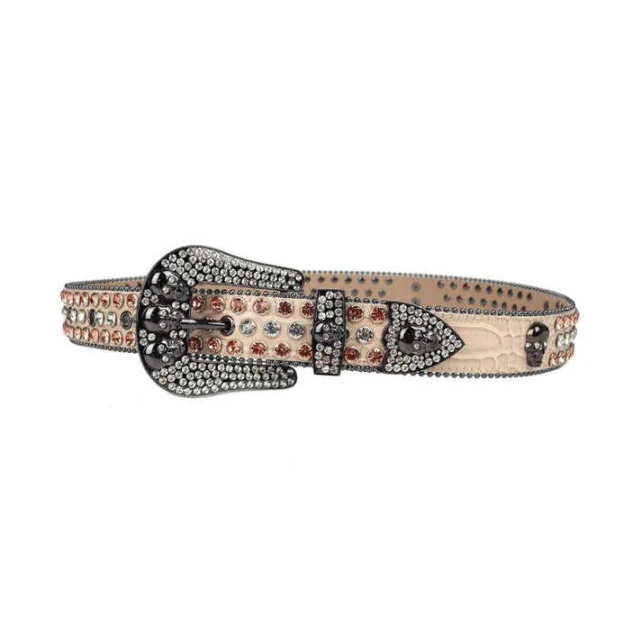 Skull Beige Strap Gold & Silver Rhinestone Belt