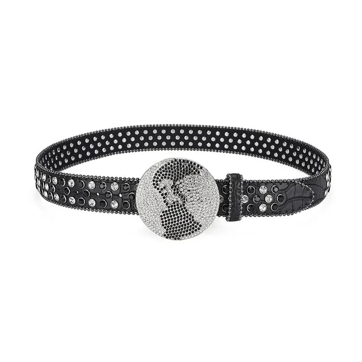 Globe Buckle Black & Crystal Rhinestone Studded Belt