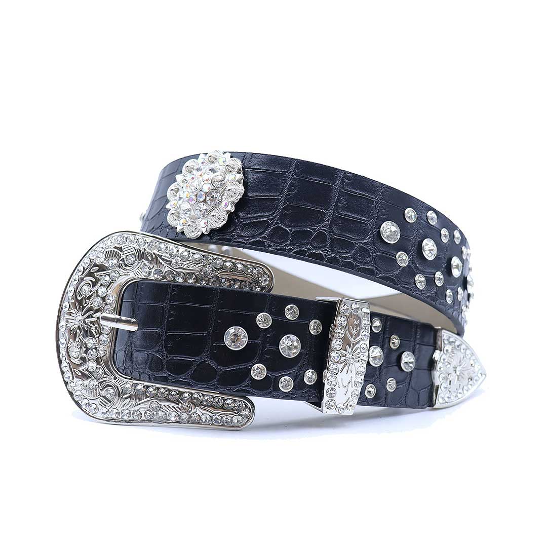 Engraved Flower Buckle Black Strap Rhinestone Studded Belt