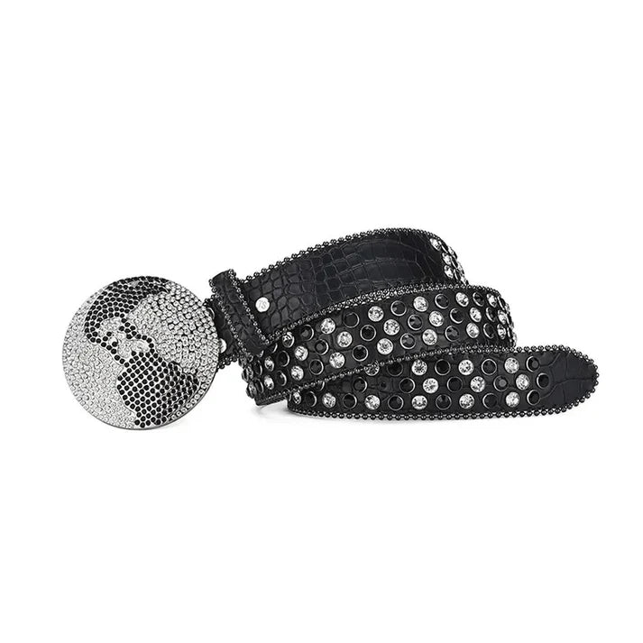 Globe Buckle Black & Crystal Rhinestone Studded Belt