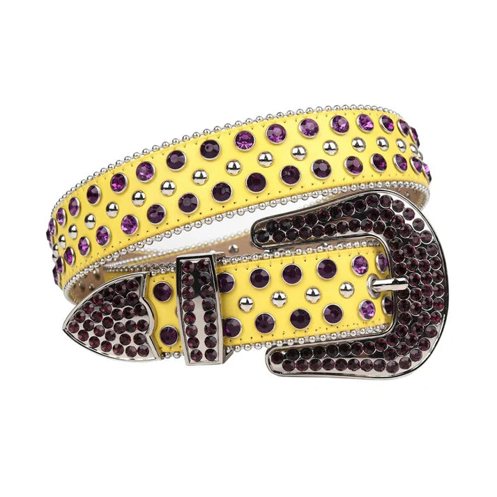 Yellow Strap Purple & Metal Studded Rhinestone Belt