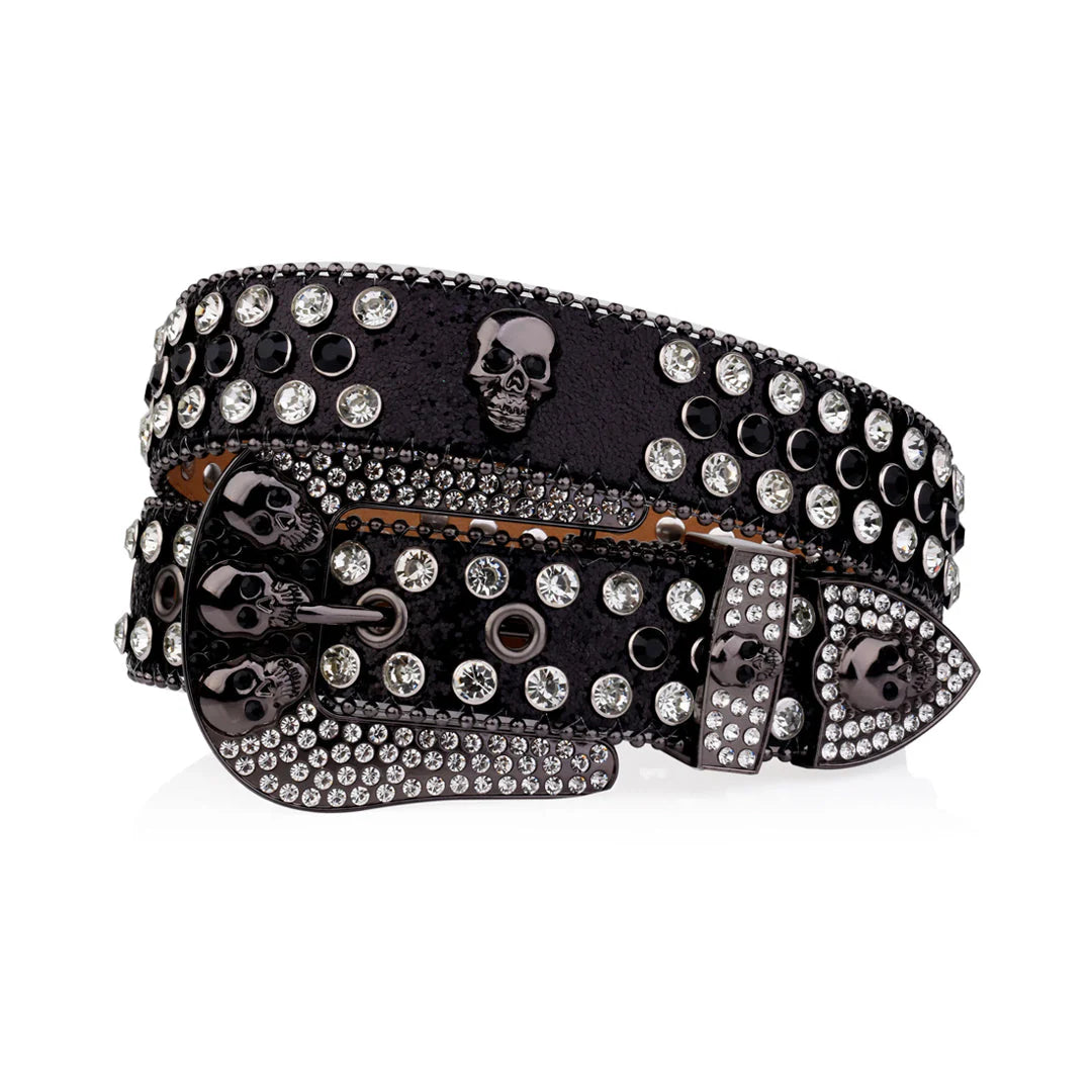 Skull Buckle Black Strap Black & Crystal Rhinestone Studded Belt