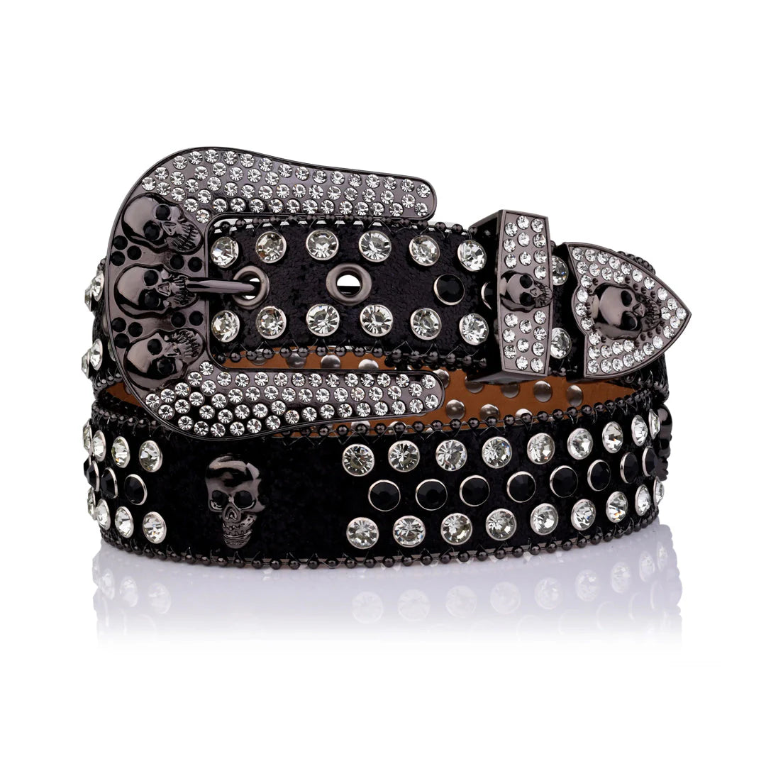 Skull Buckle Black Strap Black & Crystal Rhinestone Studded Belt