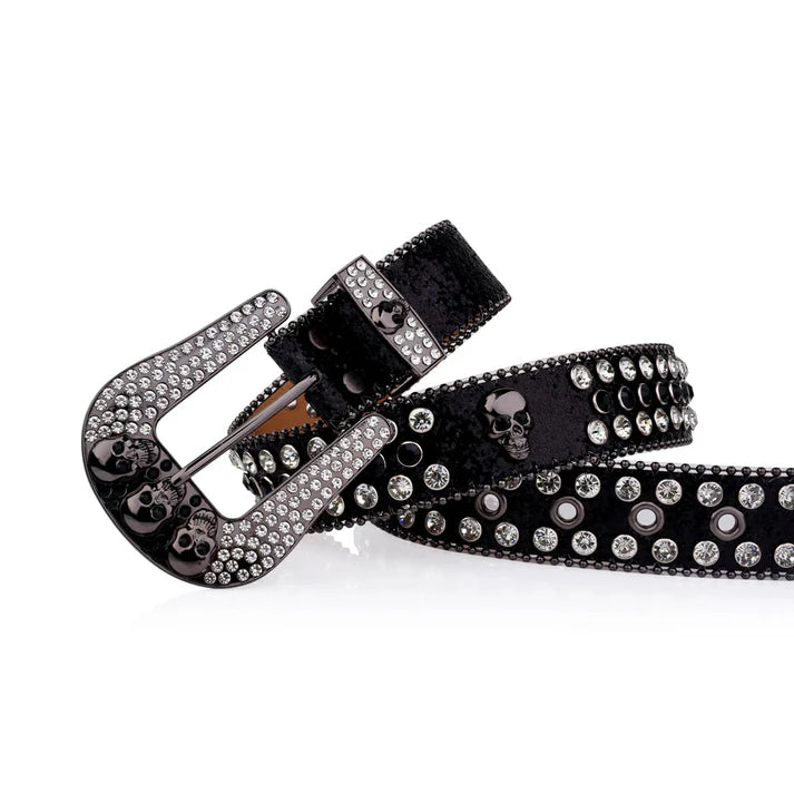 Skull Buckle Black Strap Black & Crystal Rhinestone Studded Belt