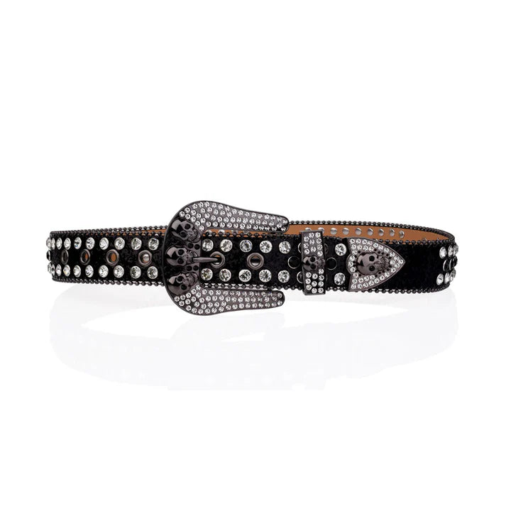Skull Buckle Black Strap Black & Crystal Rhinestone Studded Belt