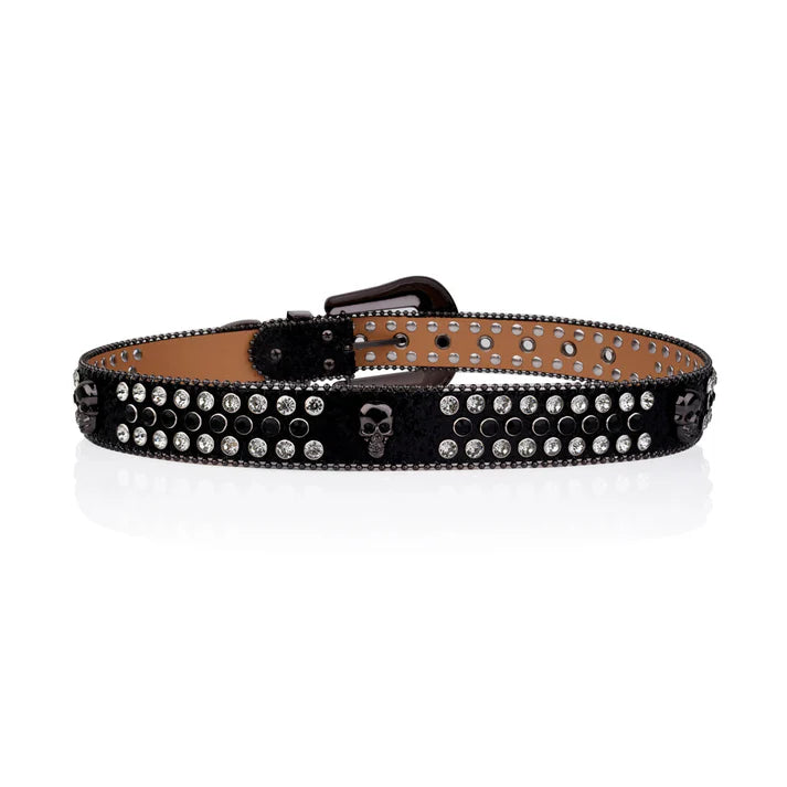 Skull Buckle Black Strap Black & Crystal Rhinestone Studded Belt