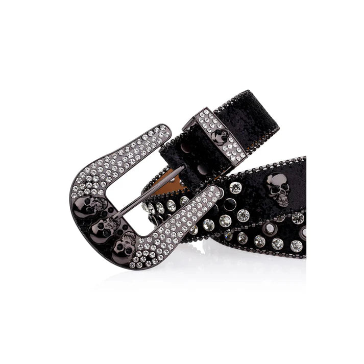 Skull Buckle Black Strap Black & Crystal Rhinestone Studded Belt