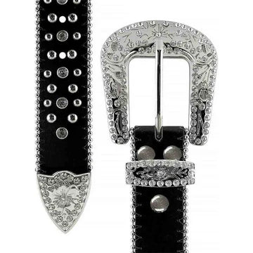 Engraved Cross Buckle Black Strap Rhinestone Studded Belt
