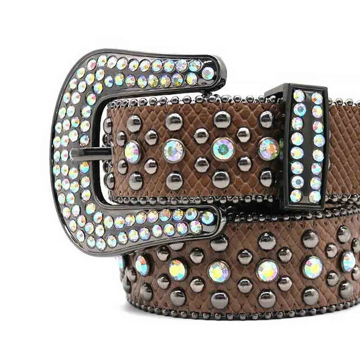 Brown Leather Designer Buckle Sparkling Belt