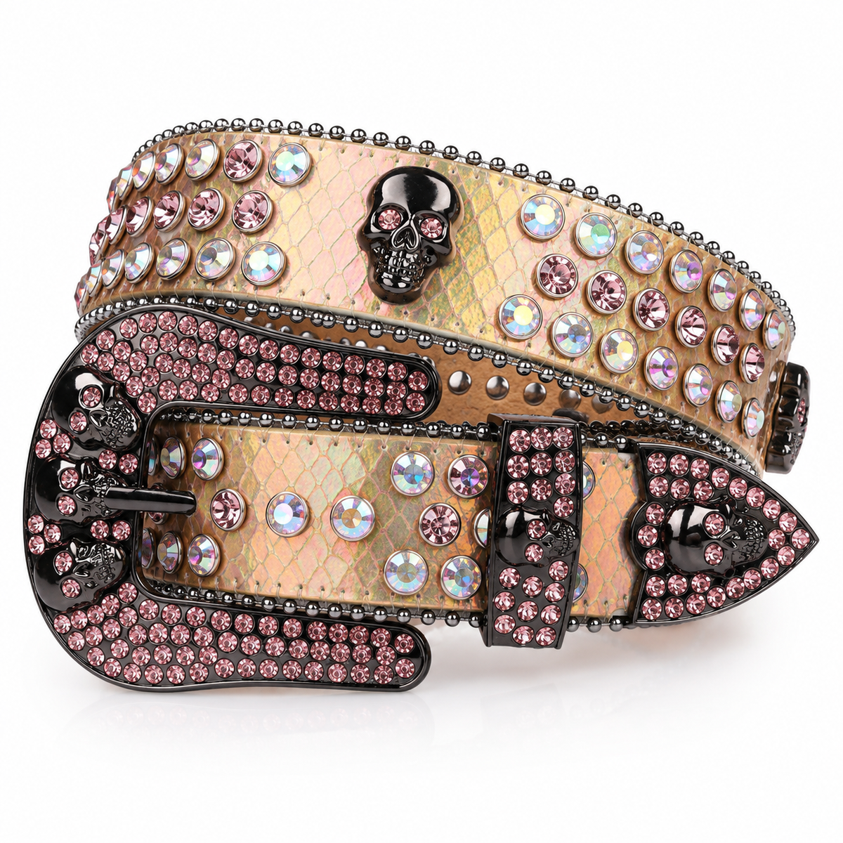 Gold Skull Buckle Pink & Multicolor Rhinestone Belt
