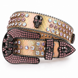 Gold Skull Buckle Pink & Multicolor Rhinestone Belt
