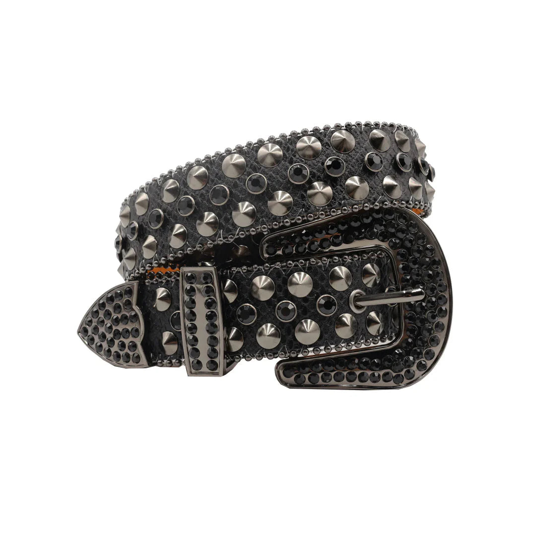 Engraved Buckle Black Studded Rhinestone Belt