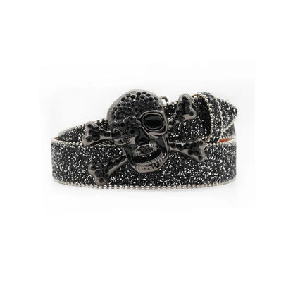 Midnight Black Western Skull Buckle Rhinestone Belt