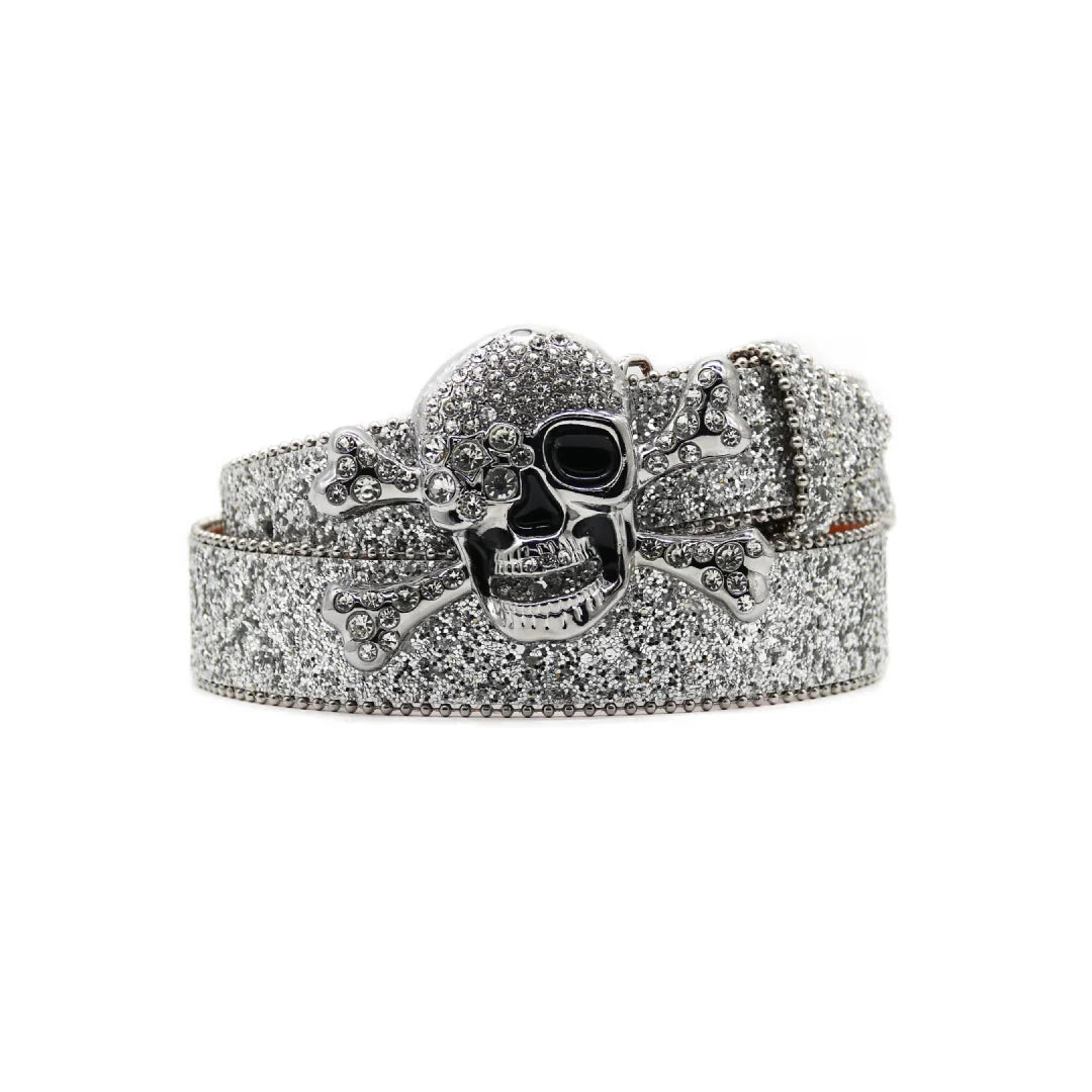 Ornate Skull Buckle Silver Studded Rhinestone Belt