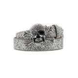 Ornate Skull Buckle Silver Studded Rhinestone Belt